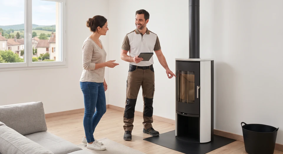 Photographie montrant un professionnel du chauffage (technicien ou artisan en tenue de travail) effectuant une visite technique ou intervention dans l'intérieur d'une maison, vérifiant ou travaillant sur un système de chauffage (poêle à bois, chaudière ou appareil similaire). L'image doit transmettre la proximité, le professionnalisme et l'accompagnement personnalisé. On peut également voir un client à proximité en discussion ou observation. L'ambiance doit être celle d'un intérieur résidentiel confortable, réel et contemporain.
