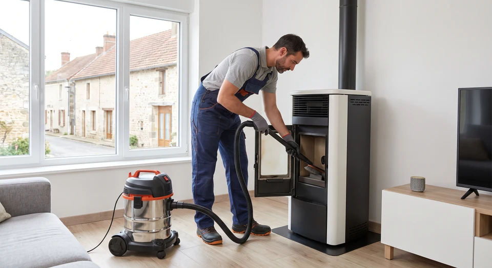Un technicien qualifié en tenue professionnelle effectuant l'entretien et le ramonage d'une chaudière ou d'un poêle à bois/granulés à domicile, montrant le nettoyage des conduits ou l'inspection de l'appareil avec des outils professionnels. L'image doit transmettre la rigueur, l'expérience et la confiance du service d'entretien de proximité.