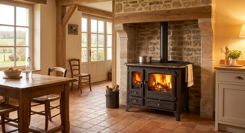 Intérieur confortable d'une cuisine-salon avec une cuisinière à bois traditionnelle de style rustique ou moderne intégrée à l'espace de vie. La cuisinière, foyer central visible, affiche un feu rougeoyant derrière sa vitre. Sur la plaque de cuisson supérieure, une marmite ou un plat en préparation. L'atmosphère doit montrer le caractère chaleureux et multifonctionnel : la chaleur rayonnée par l'appareil crée une ambiance confortable dans la pièce, tandis que la capacité de cuisson est évidente. Décor intérieur authentique, matériaux naturels (pierre, bois), lumière tamisée suggérant le confort thermique généré par le foyer.