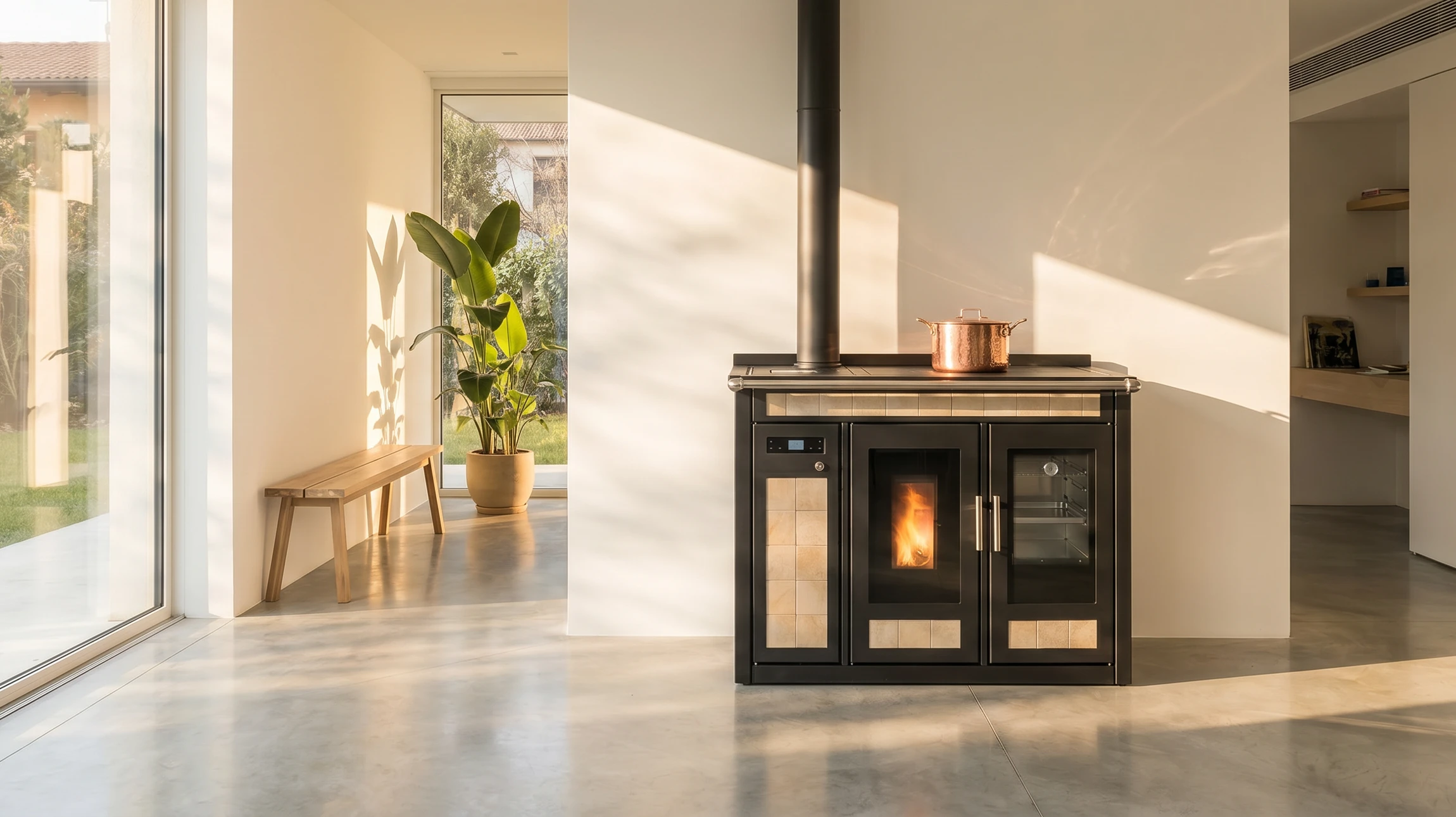 Photographie réaliste d'une cuisinière à bois traditionnelle fonctionnelle installée dans une cuisine, vue de face ou légèrement de trois quarts, montrant le foyer ouvert avec braises incandescentes visibles, la surface de cuisson chaude, et l'intégration harmonieuse dans un décor intérieur chaleureux. L'image doit capturer l'atmosphère authentique et fonctionnelle d'une cuisinière à bois en usage.