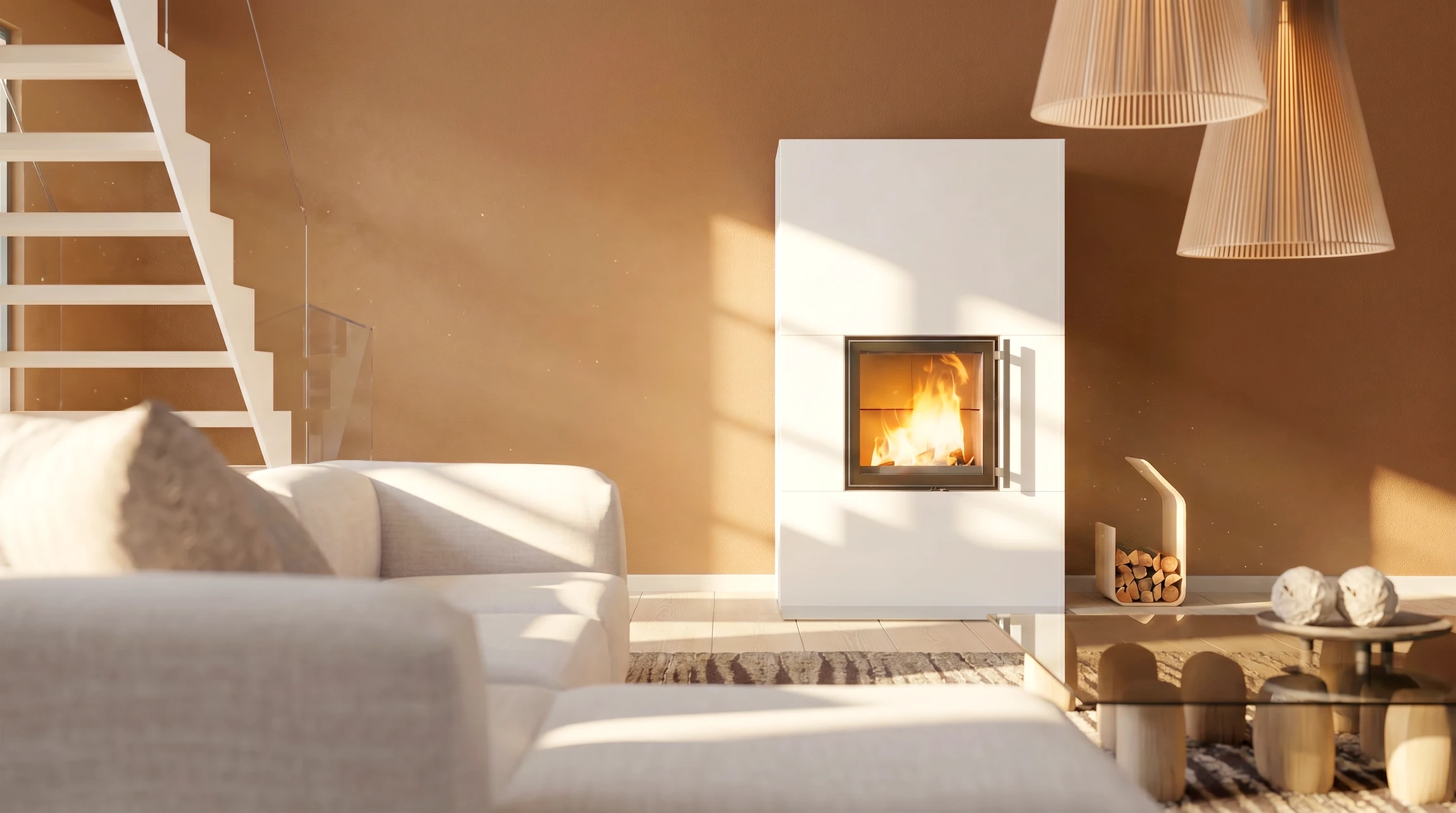 Photographie d'un poêle de masse à accumulation en pierre ou en brique dans un intérieur résidentiel, montrant clairement sa structure de masse thermique, légèrement utilisé ou en fonctionnement, dans un salon ou cuisine, illuminé chaleureusement par ses surfaces exposées.