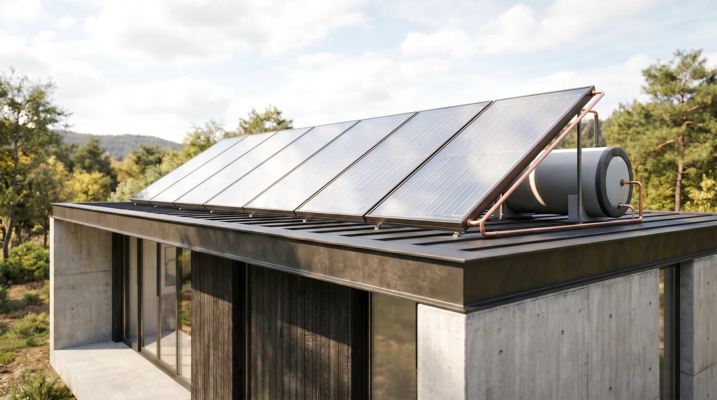 Toiture résidentielle avec tuiles en terre cuite rouge équipée de panneaux solaires thermiques à capteurs plans vitrés