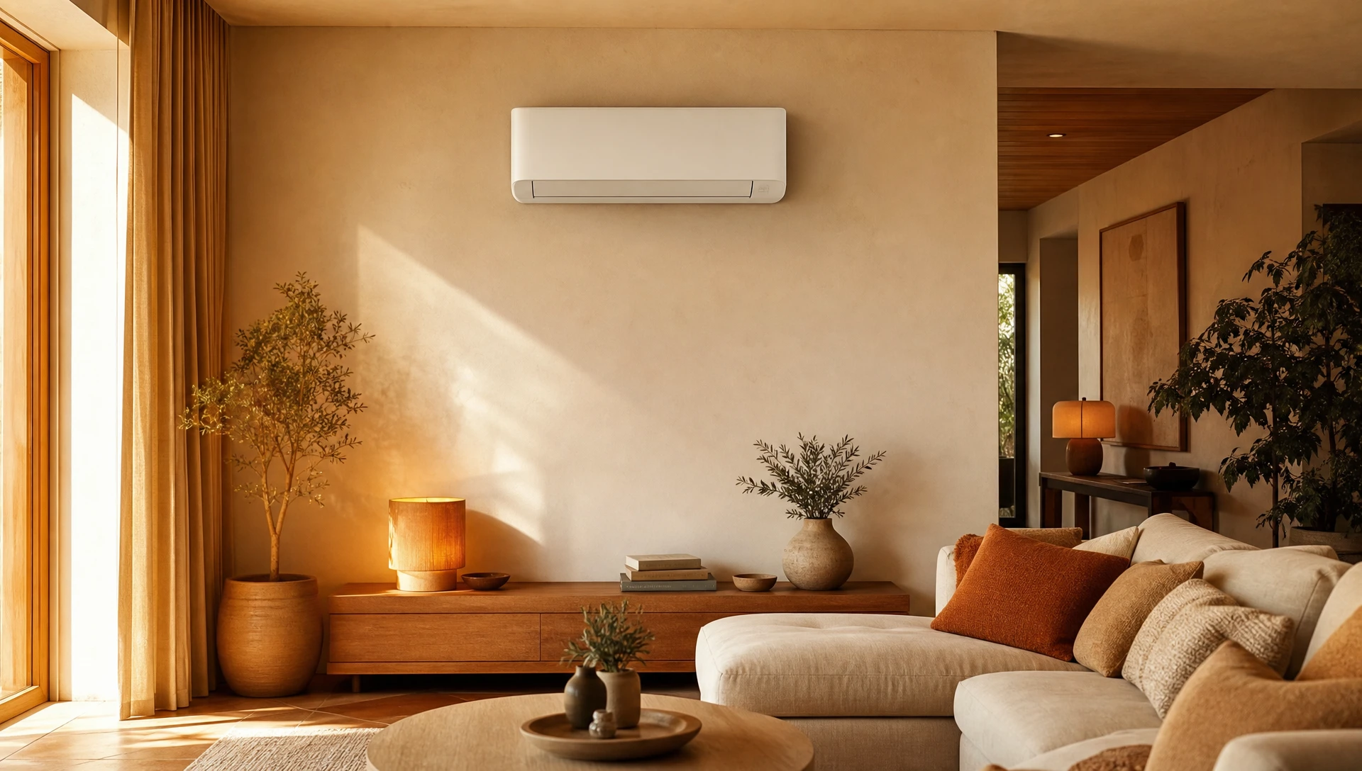 Technicien en climatisation travaillant à l'extérieur d'un bâtiment avec système de climatisation visible en arrière-plan