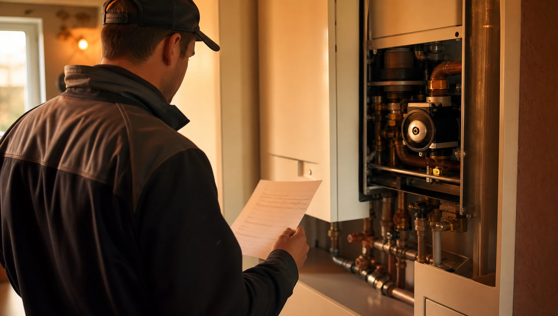 Technicien en uniforme bleu effectuant une intervention sur chauffe-eau domestique