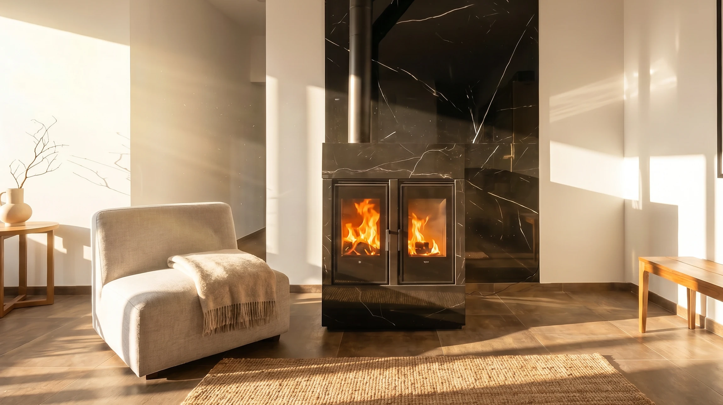 Intérieur moderne avec poêle à granulés cylindrique noir en fonctionnement, flammes orange vives visibles derrière vitre panoramique