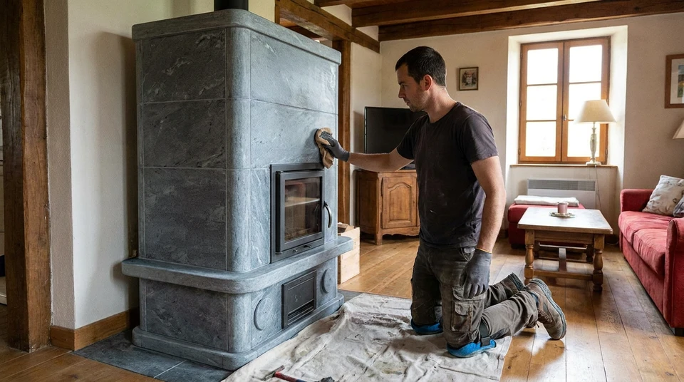 Un artisan en salopette bleue et t-shirt vert installe une porte de four dans un poêle à bois en briques rouges à l'intérieur d'un bâtiment
