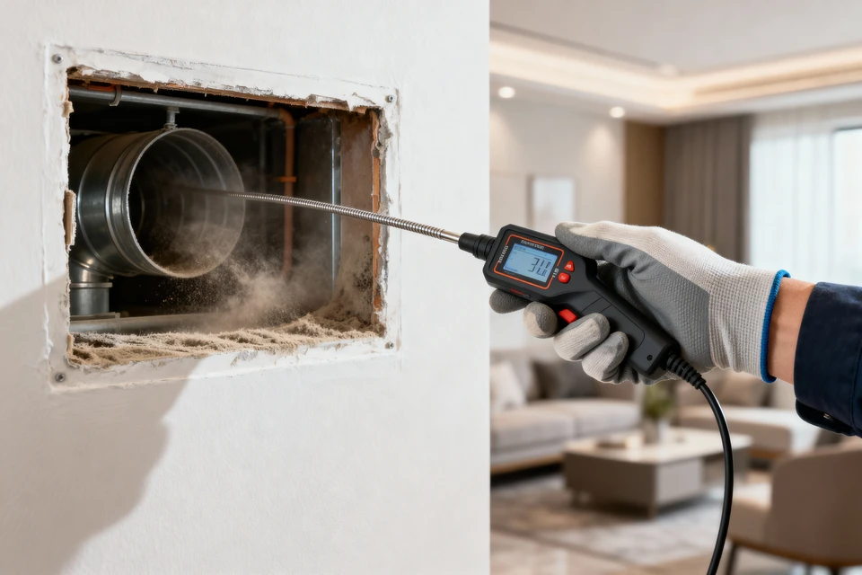 Un artisan en tenue professionnelle effectuant l'inspection visuelle et le tubage d'un conduit de fumée intérieur, montrant le diagnostic de l'état du conduit existant et l'installation du tube de remplacement pour assurer l'étanchéité et la conformité, dans un environnement résidentiel (intérieur proche d'une cheminée ou chaudière).